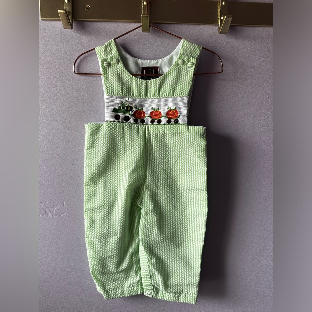 Lil Cactus Green Checked Romper w/Smocked Tractor Truck and Pumpkins